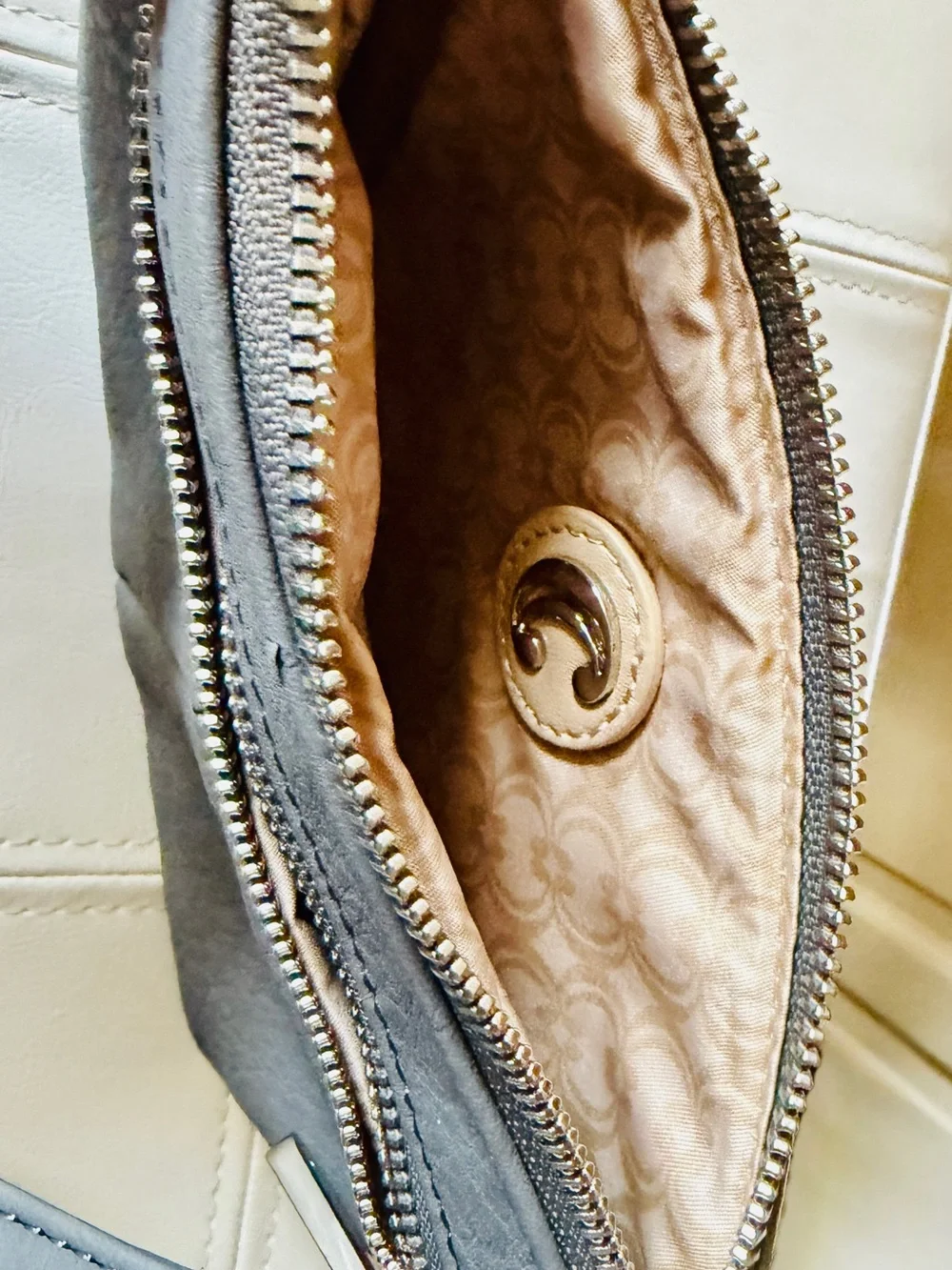 Gray Leather Wristlet Clutch with Double Zippers
